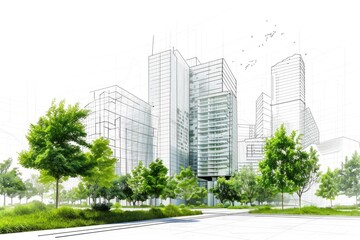 Urban landscape with towering skyscrapers and busy streets