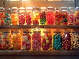 Assortment of colorful candies in glass jars on a shelf.  Sunlight shines through the window, casting a warm glow on the sweet treats.