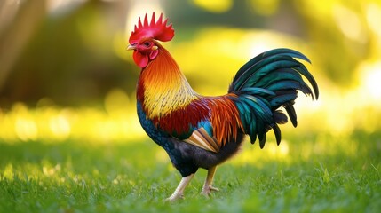 Fototapeta premium A colorful Polish chicken with a distinctive crest of feathers on its head, standing in a grassy backyard.