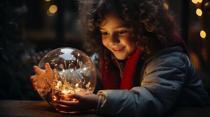 Naklejka premium wonder on a child's face as they unwrap a present to find magical snow globe that transports.