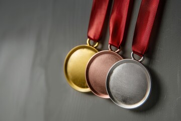A collection of medals displayed on a wall, perfect for use in sports or achievement-themed designs