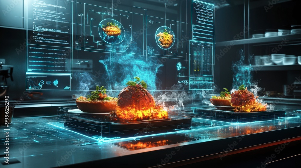 Aufkleber a digital food design lab where an ai is creating new flavors and visualizing the dishes on a hologr