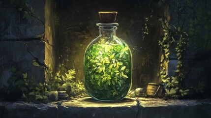 Bright Green Herbal Power Restoration Potion, crafted from potent medicinal herbs, enhances physical strength and endurance, perfect for empowering adventurous spirits on their journeys.