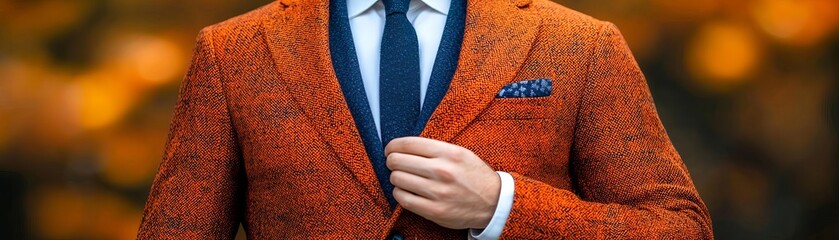 Stylish man adjusting his orange jacket, blurred autumn background.