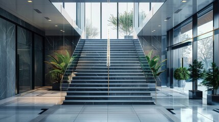 Obraz premium A set of stairs surrounded by glass walls in a modern building, perfect for corporate or office use