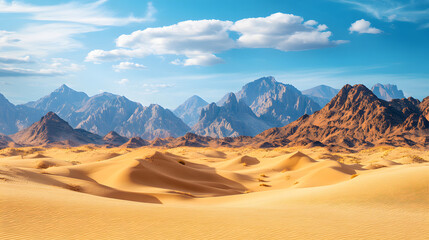 A desert vista with endless rolling sand dunes merging into sharp, craggy rock formations, with the warm colors of the desert blending into the cool, stark textures of the mountains.