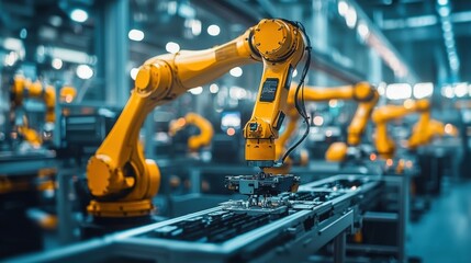 An assembly line in a modern manufacturing facility featuring robotic arms efficiently assembling products, showcasing advanced technology and streamlined production processes.