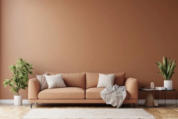 Cozy Retro Living Space. Brown Sofa with Vintage Decor in Stylish Modern Interior
