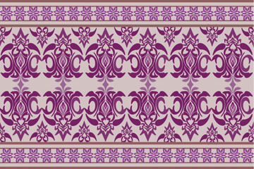 Geometric seamless fabric pattern, European native damask pattern, dark purple, light purple flowers, light purple background, vector illustration, wallpaper border
