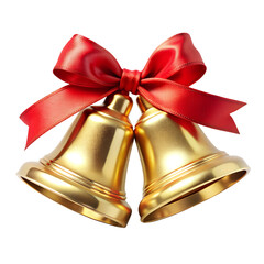 Golden Christmas Bells with Red Velvet Ribbon, isolated on white transparent background, png element