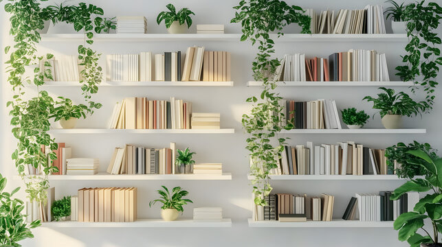 White bookshelf with plants and folders over wall hyper realistic