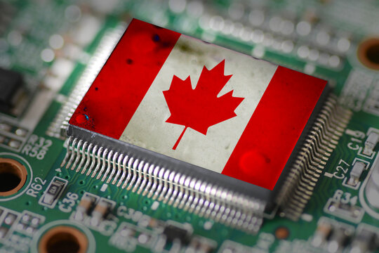Computer chip on PCB board with Canada flag - Powered by Adobe