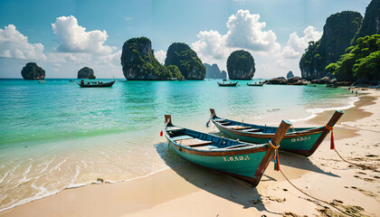 Obraz premium Plage paradisiaque avec des bateaux traditionnels en Thaïlande