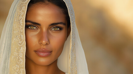 Fototapeta premium A beautiful Indian woman wearing a modest white dress. She has brown skin and wears no jewelry, with a tiara on her head. The daylight reveals tones of blue, dark silver, brown, an