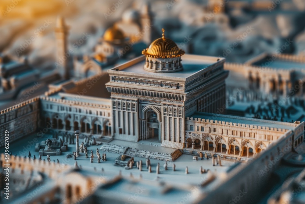 Poster a small-scale model of a building featuring a distinctive golden dome, ideal for use in illustration