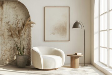 Modern Living Room with Beige Armchair and Minimalist Design. Interior Mockup