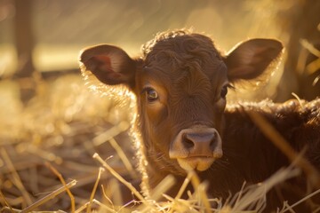 A brown cow resting in a green field