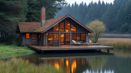 A cozy cabin with large windows sits on a wooden dock overlooking a tranquil lake, surrounded by...