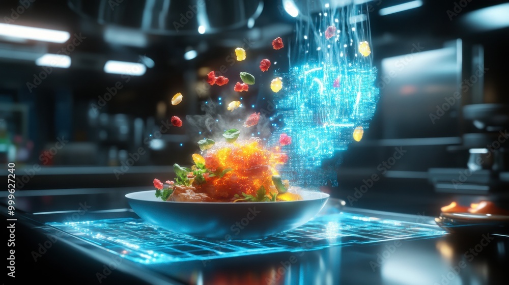 Aufkleber a glowing ai interface displaying a virtual chef at work, crafting a dish pixel by pixel with bright