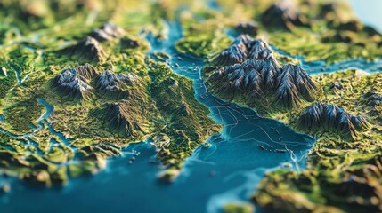 Naklejka premium 3D Global Semiconductor Supply Chain Map showcasing topographical features, major mountains, rivers, production hubs, trade routes, emphasizing natural trade barriers