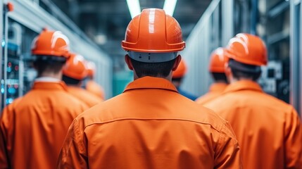 Workers in orange uniforms and helmets, back view, industrial setting.