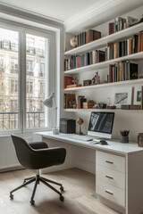 home office decor, transform your home office with a sleek desk, comfy chair, stylish shelves showcasing books and decor, brightened by natural light for maximum productivity