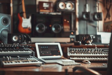 A laptop computer sitting on top of a wooden desk