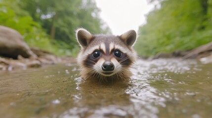 Fototapeta premium A raccoon swimming in a river with its head sticking out, AI