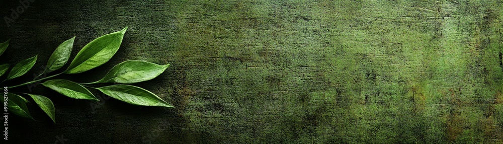 Poster Green leaves on a textured dark green background