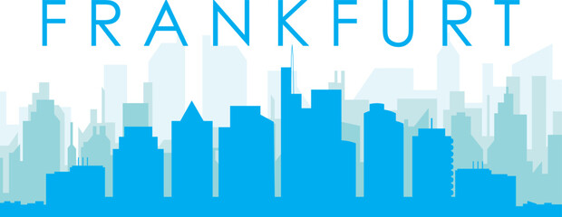 Obraz premium Blue panoramic city skyline poster with bluish misty transparent background buildings of FRANKFURT, GERMANY
