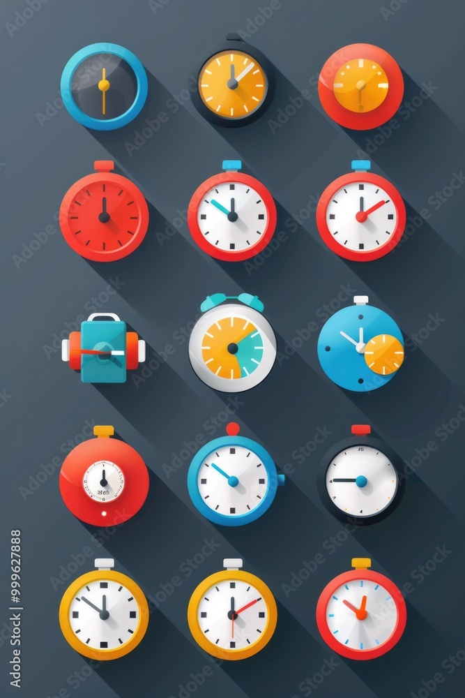 Aufkleber a collection of colorful clocks against a dark backdrop