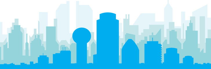 Blue panoramic city skyline poster with bluish misty transparent background buildings of DALLAS, UNITED STATES