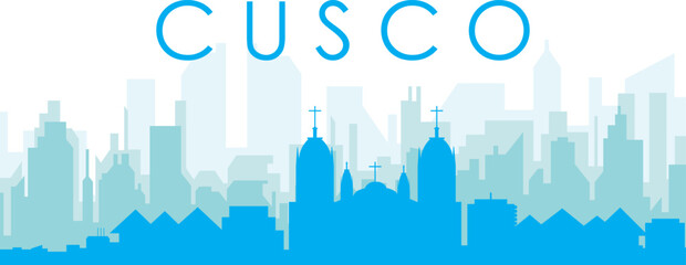 Obraz premium Blue panoramic city skyline poster with bluish misty transparent background buildings of CUSCO, PERU