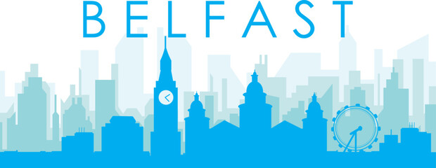 Blue panoramic city skyline poster with bluish misty transparent background buildings of BELFAST, UNITED KINGDOM