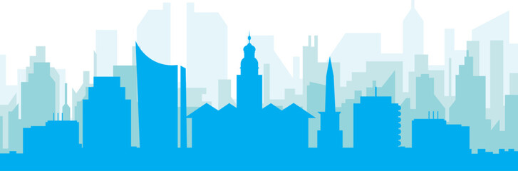 Fototapeta premium Blue panoramic city skyline poster with bluish misty transparent background buildings of LEIPZIG, GERMANY