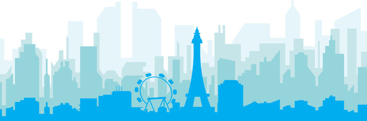 Blue panoramic city skyline poster with bluish misty transparent background buildings of LAS VEGAS, UNITED STATES