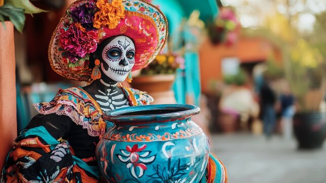 A person in a vibrant catrin costume with skull makeup and a large ceramic pot celebrates mexico's day of the dead