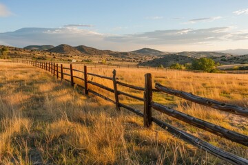 Obraz premium A rustic wooden fence standing tall in a green field, with majestic mountains rising up in the distance