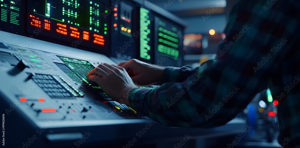 Poster man working on a control panel