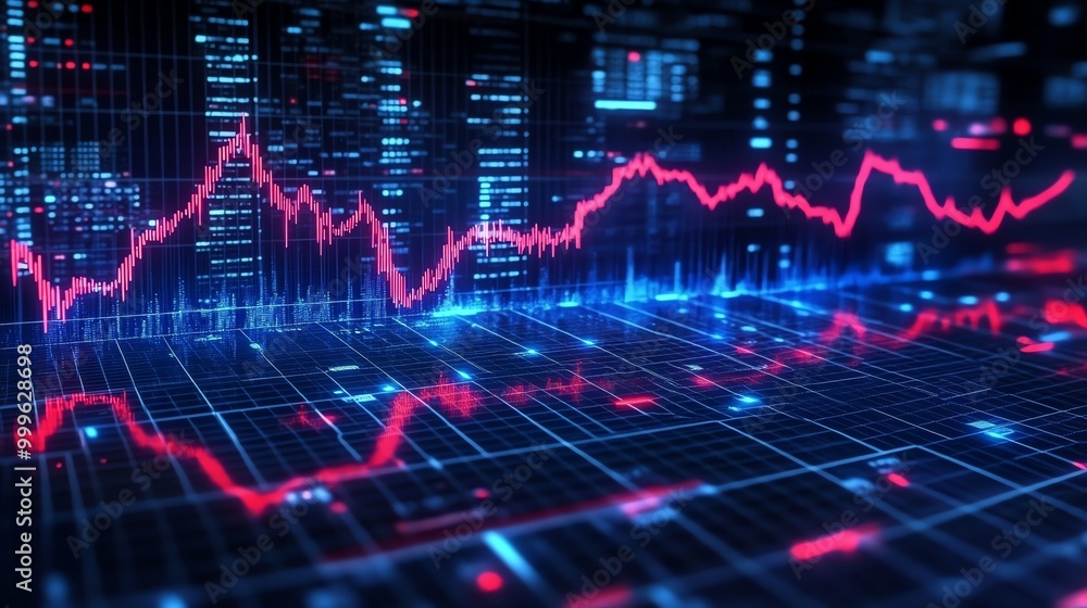 Poster A digital grid with a red line graph showing fluctuations.