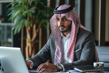 Man in suit typing on laptop at office desk