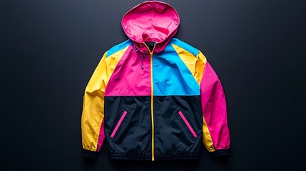 Colorful hooded jacket with pink, blue, and yellow panels.
