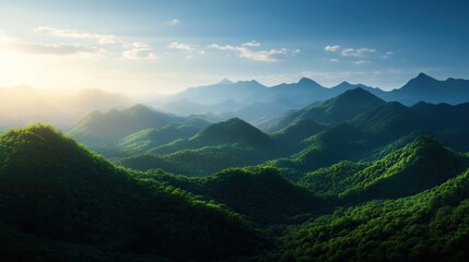 Fototapeta premium Breathtaking view of rolling green mountains under a clear blue sky.
