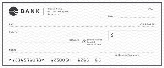 Blank bank cheque. Personal desk check template with empty field to fill.