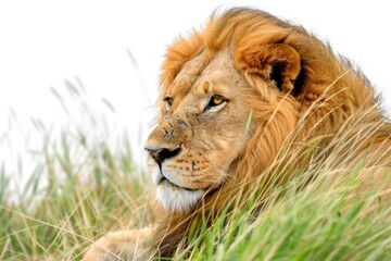 Fototapeta premium Close-up shot of a lion resting in tall grass, perfect for wildlife or nature-themed designs