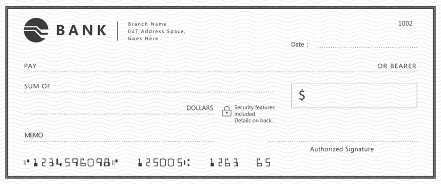 Blank bank cheque. Personal desk check template with empty field to fill.