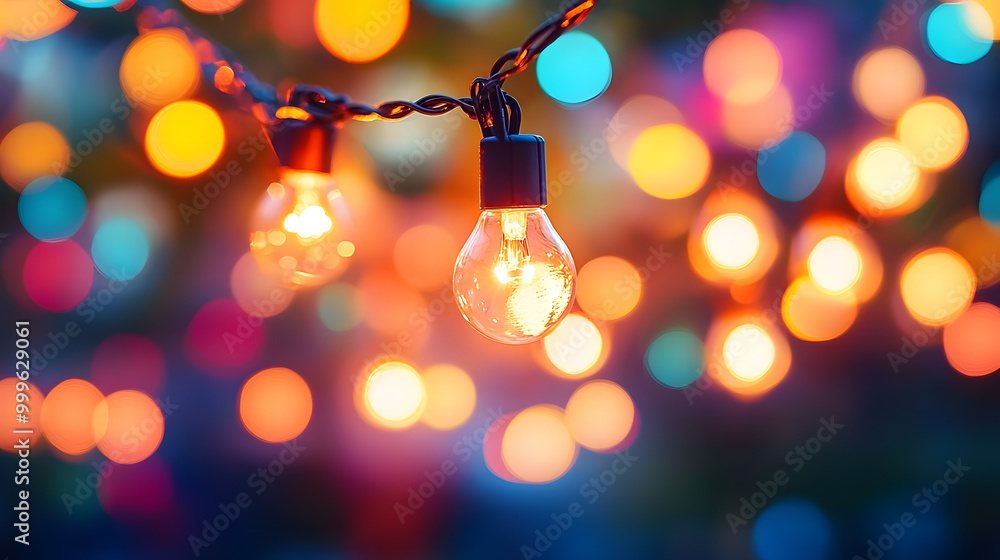 Poster string of warm white lights hanging against a backdrop of colorful bokeh, creating a festive ambianc