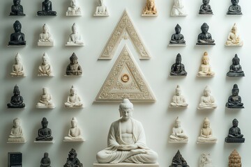  Wall display of Buddha statues in various sizes and materials, representing spiritual diversity and devotion in Buddhist art.