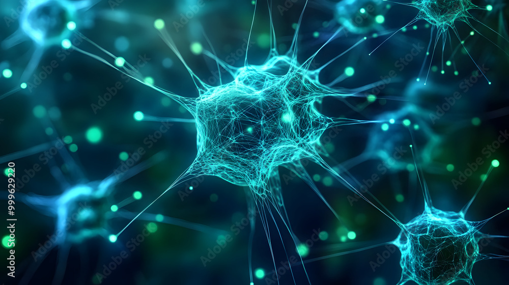Aufkleber abstract blue green technology background with a cyber network grid and connected particles artifici