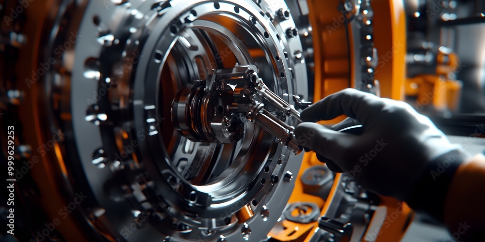 Poster closeup of mechanical hand assembling complex machine